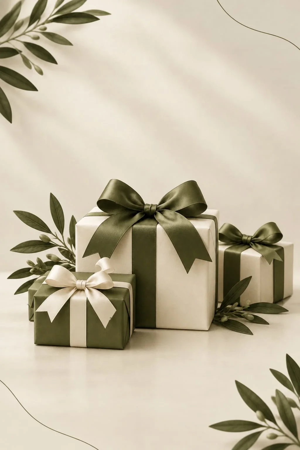 Presentes embrulhados em papel creme e verde-oliva
